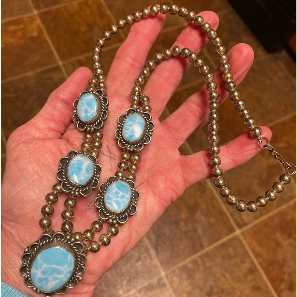 💕VINTAGE Southwestern Larimar(lab created) silver composite 5 stone necklace!